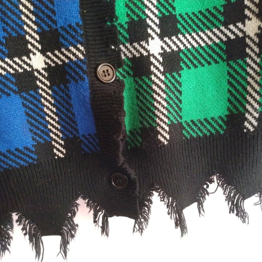 Runway 7 Factory Distressed Colorblock Plaid Knit Cardigan S Grunge Varsity Y2K - Picture 4 of 8